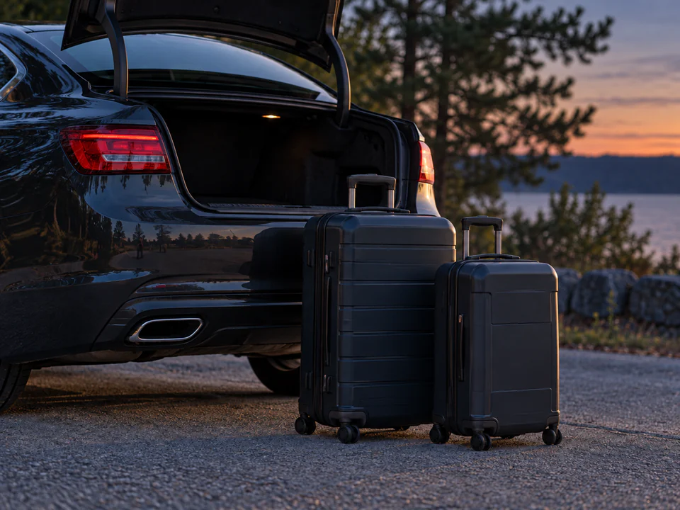 Illustrative travel scene with suitcases beside a car